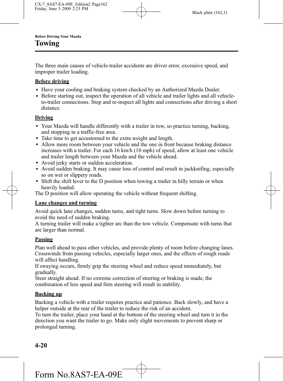 Form no.8as7-ea-09e, Towing | Mazda 2010 CX-7 User Manual | Page 162 / 510