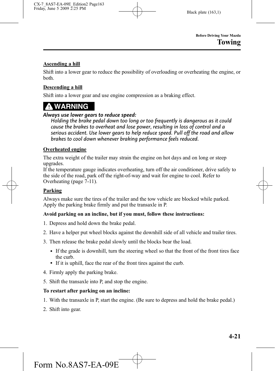 Form no.8as7-ea-09e, Towing, Warning | Mazda 2010 CX-7 User Manual | Page 163 / 510