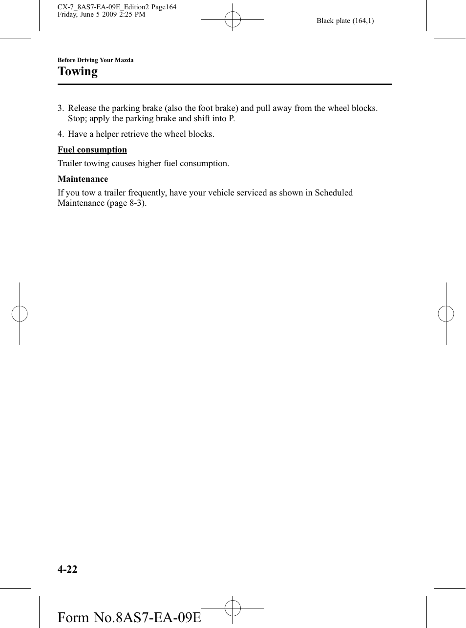Form no.8as7-ea-09e, Towing | Mazda 2010 CX-7 User Manual | Page 164 / 510