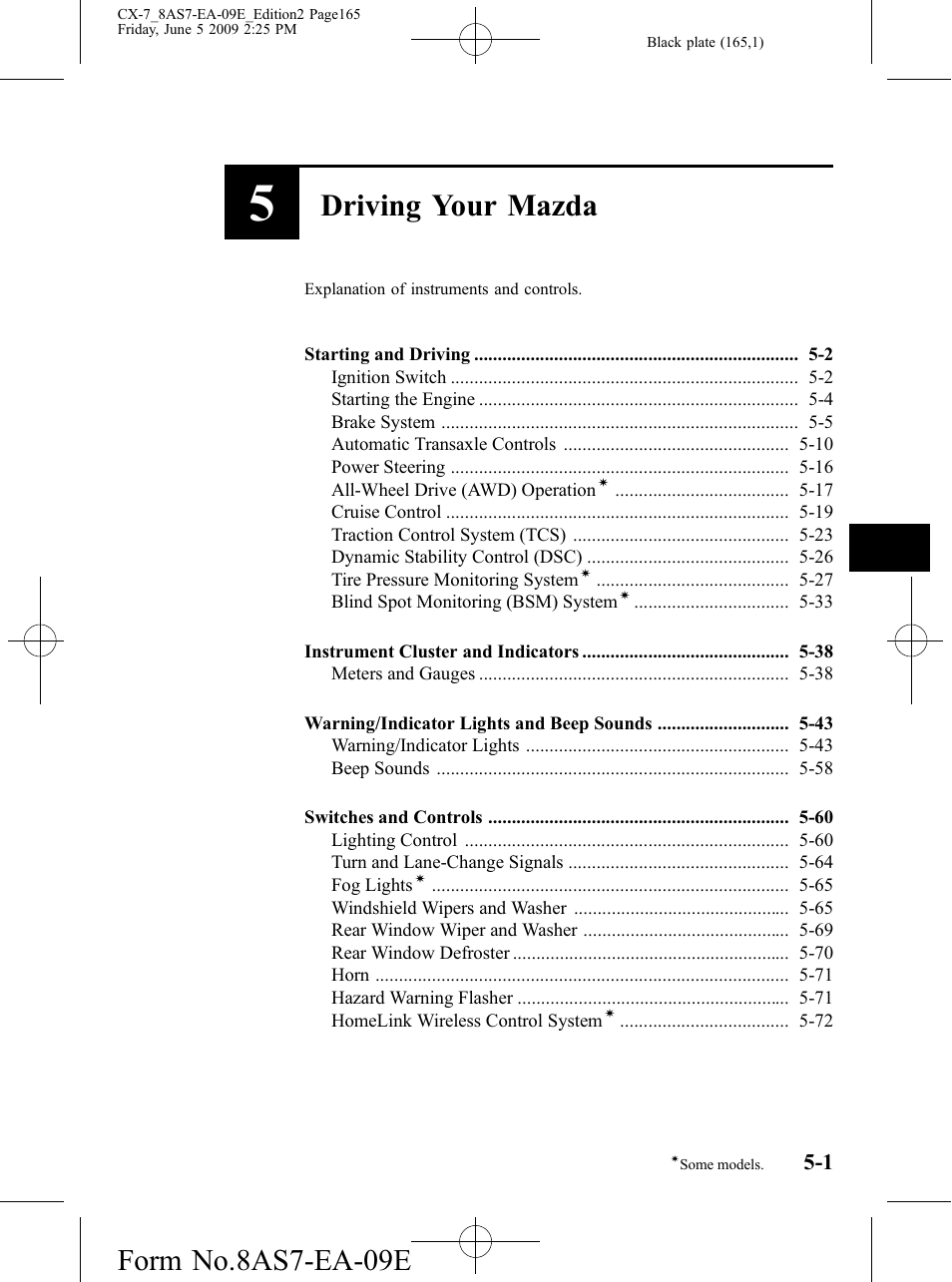 Driving your mazda, Explanation of instruments and controls, Form no.8as7-ea-09e | Mazda 2010 CX-7 User Manual | Page 165 / 510