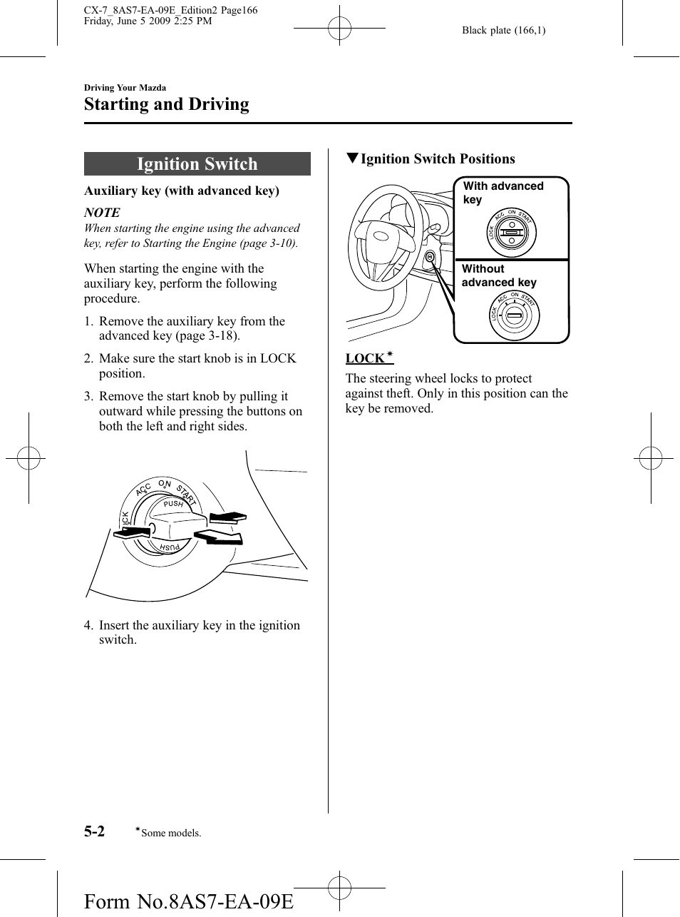Starting and driving, Ignition switch, Starting and driving -2 | Ignition switch -2, Form no.8as7-ea-09e | Mazda 2010 CX-7 User Manual | Page 166 / 510