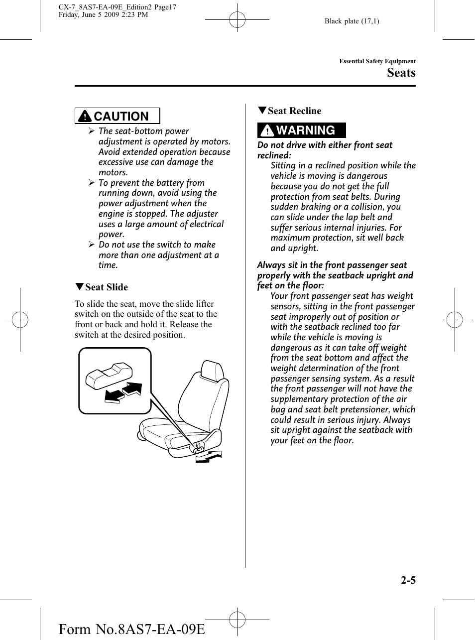 Form no.8as7-ea-09e, Seats, Caution | Warning | Mazda 2010 CX-7 User Manual | Page 17 / 510