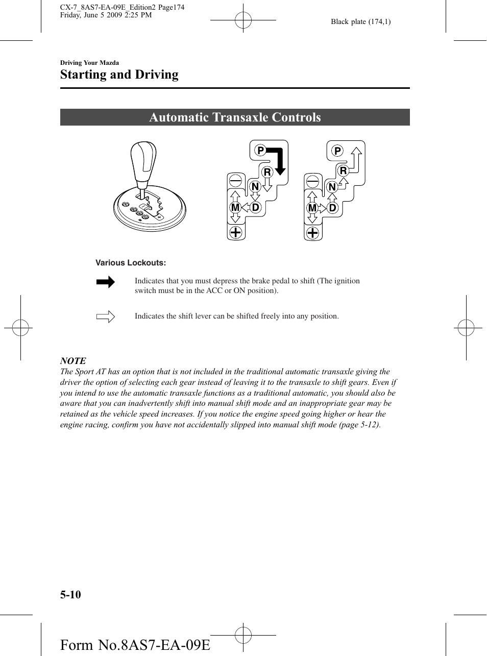 Automatic transaxle controls, Automatic transaxle controls -10, Form no.8as7-ea-09e | Starting and driving | Mazda 2010 CX-7 User Manual | Page 174 / 510