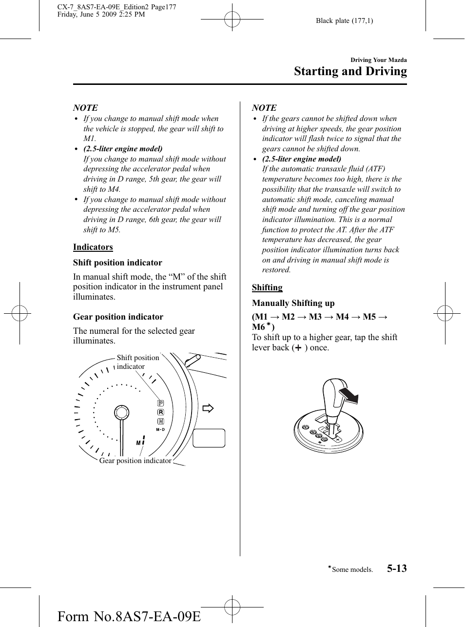 Form no.8as7-ea-09e, Starting and driving | Mazda 2010 CX-7 User Manual | Page 177 / 510
