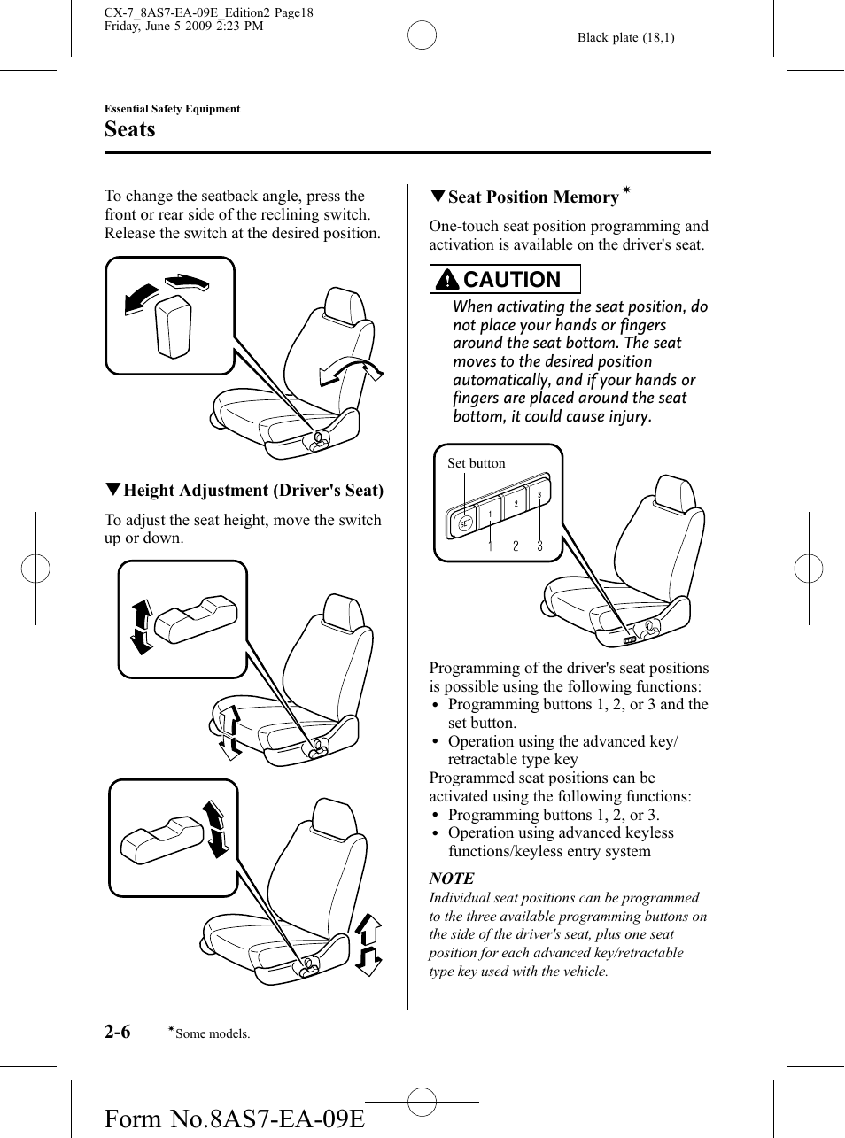 Form no.8as7-ea-09e, Seats, Caution | Mazda 2010 CX-7 User Manual | Page 18 / 510