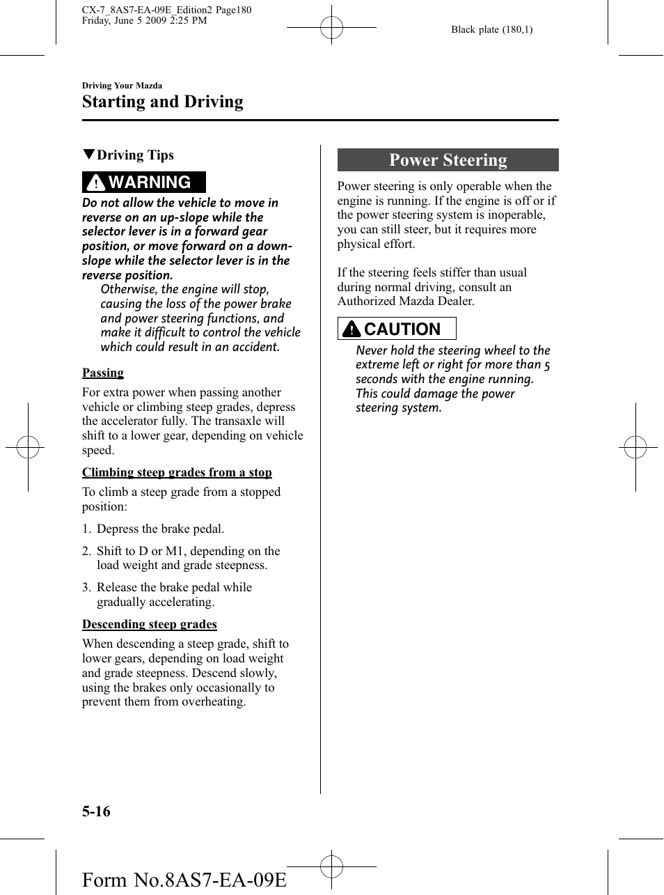 Power steering, Power steering -16, Form no.8as7-ea-09e | Starting and driving, Warning, Caution | Mazda 2010 CX-7 User Manual | Page 180 / 510