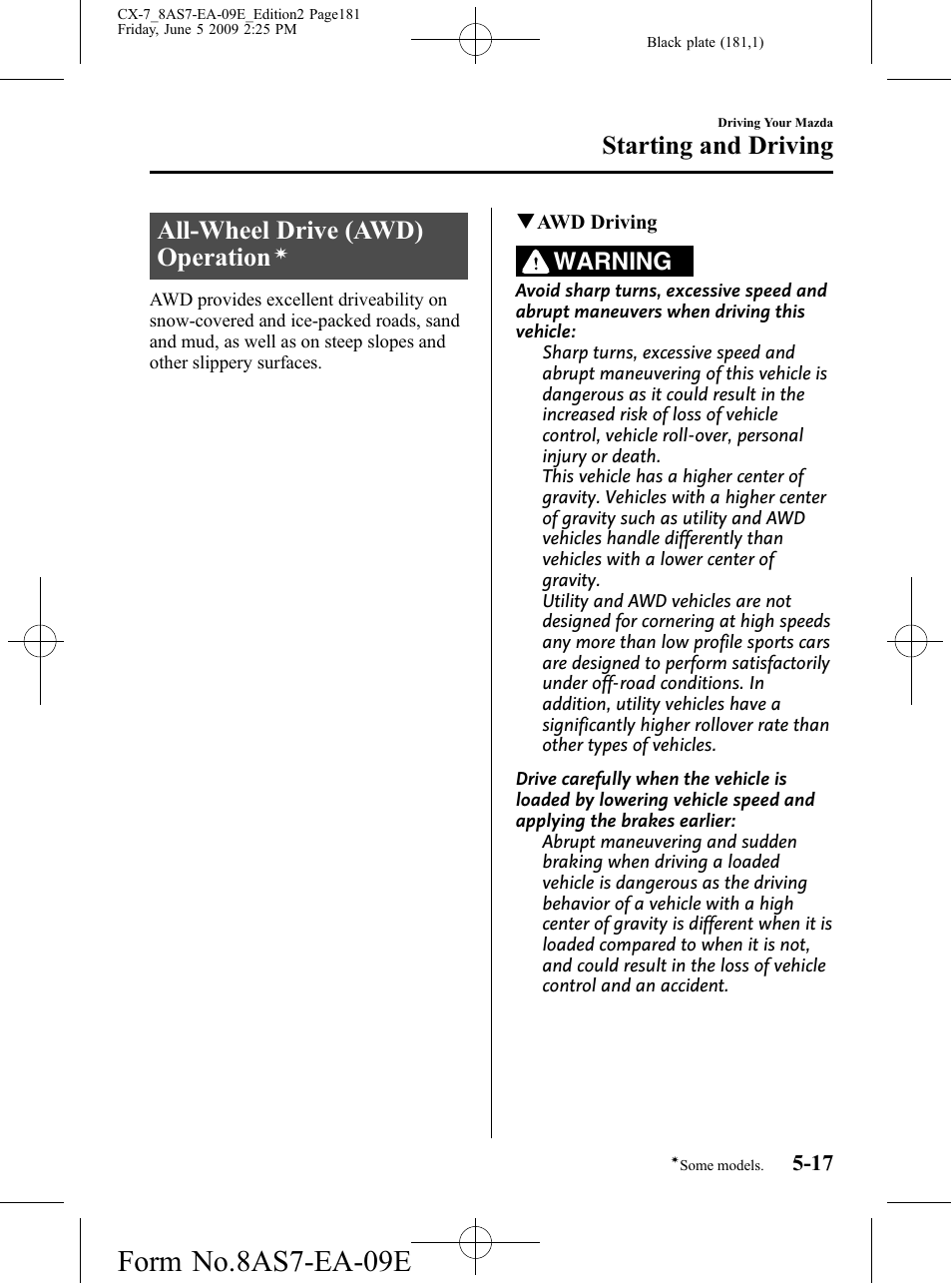 All-wheel drive (awd) operation, Form no.8as7-ea-09e, Starting and driving | Warning | Mazda 2010 CX-7 User Manual | Page 181 / 510