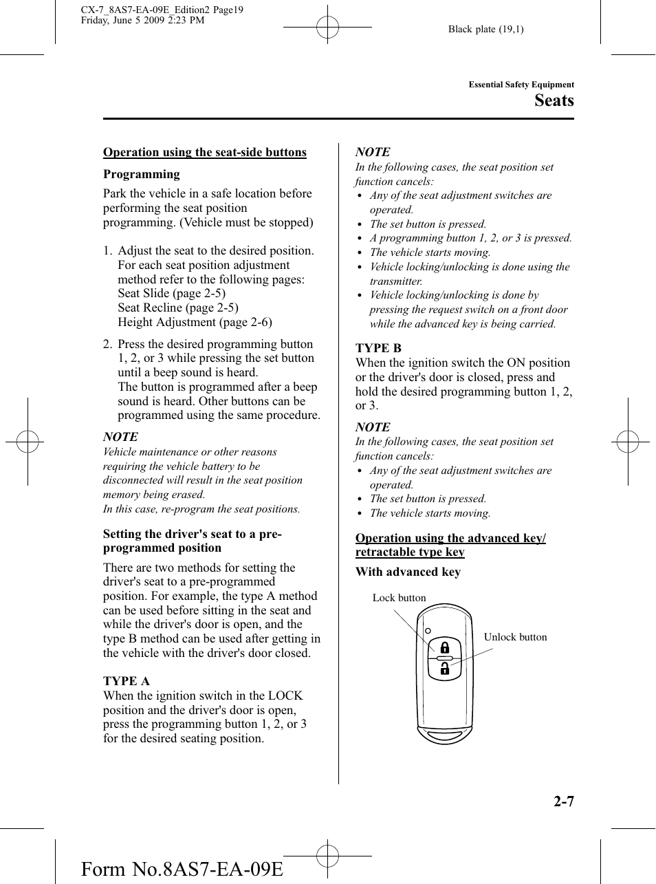 Form no.8as7-ea-09e, Seats | Mazda 2010 CX-7 User Manual | Page 19 / 510