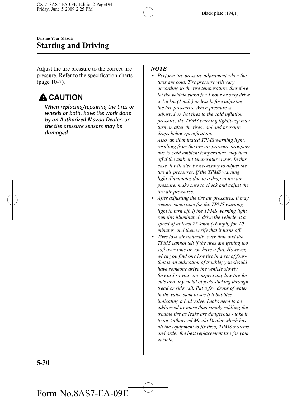 Form no.8as7-ea-09e, Starting and driving, Caution | Mazda 2010 CX-7 User Manual | Page 194 / 510