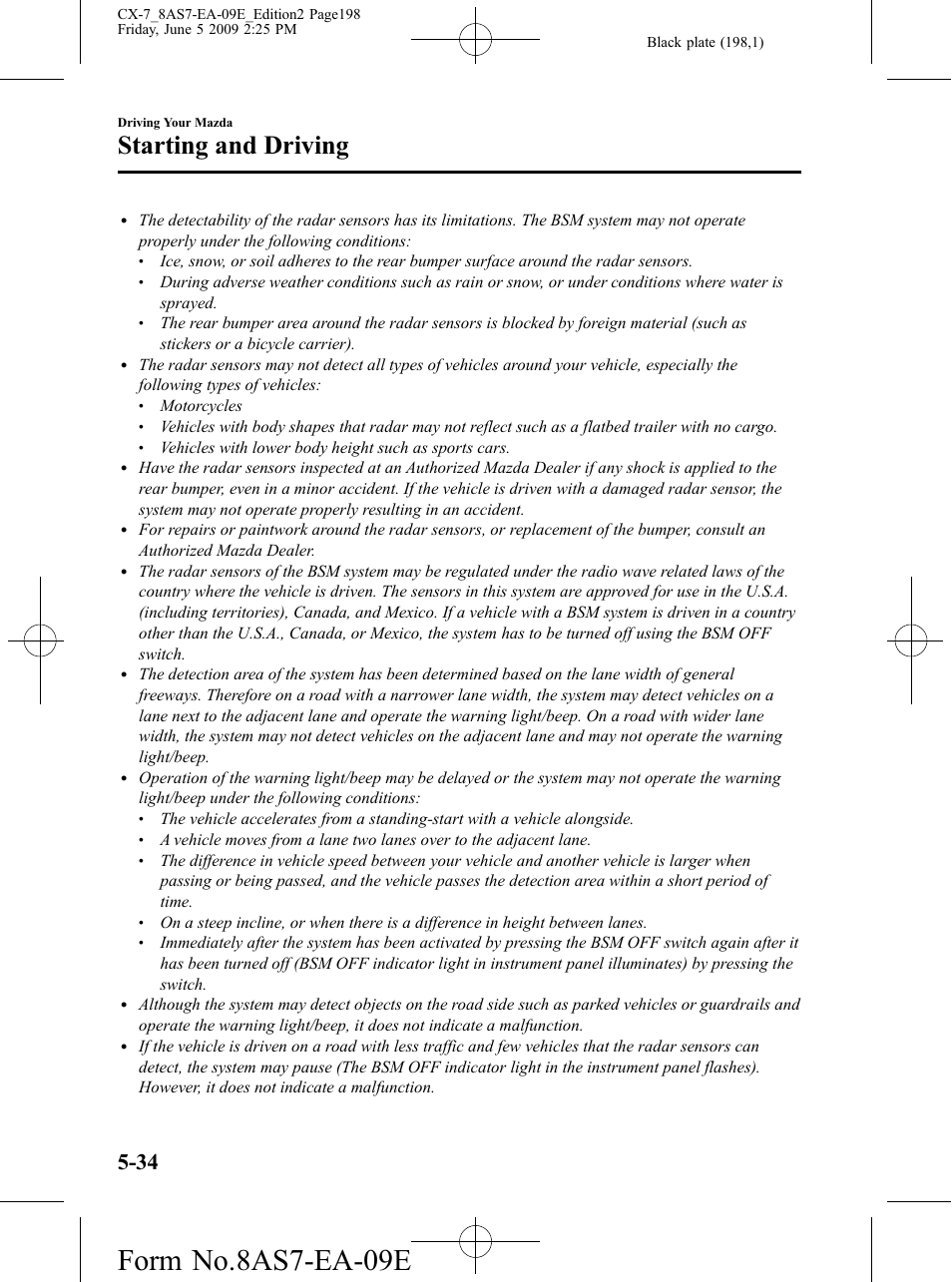 Form no.8as7-ea-09e, Starting and driving | Mazda 2010 CX-7 User Manual | Page 198 / 510