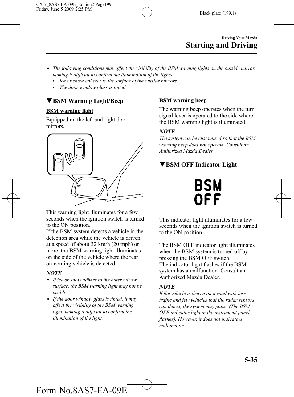 Form no.8as7-ea-09e, Starting and driving, Qbsm warning light/beep | Qbsm off indicator light | Mazda 2010 CX-7 User Manual | Page 199 / 510