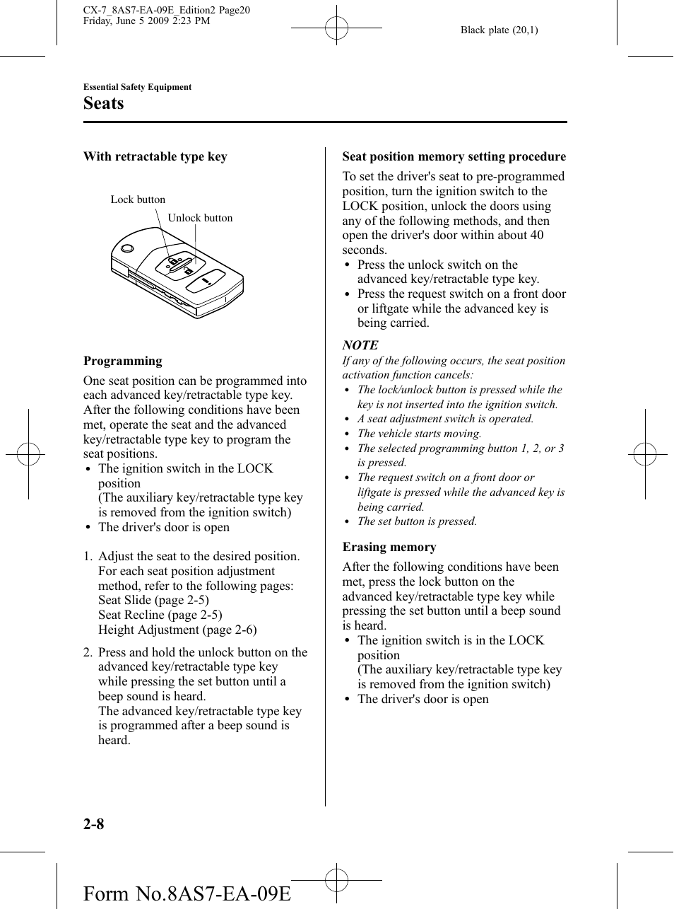 Form no.8as7-ea-09e, Seats | Mazda 2010 CX-7 User Manual | Page 20 / 510