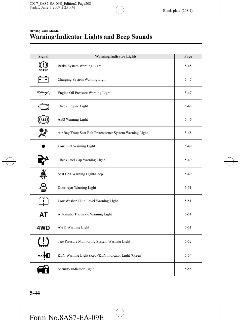 Form no.8as7-ea-09e, Warning/indicator lights and beep sounds | Mazda 2010 CX-7 User Manual | Page 208 / 510