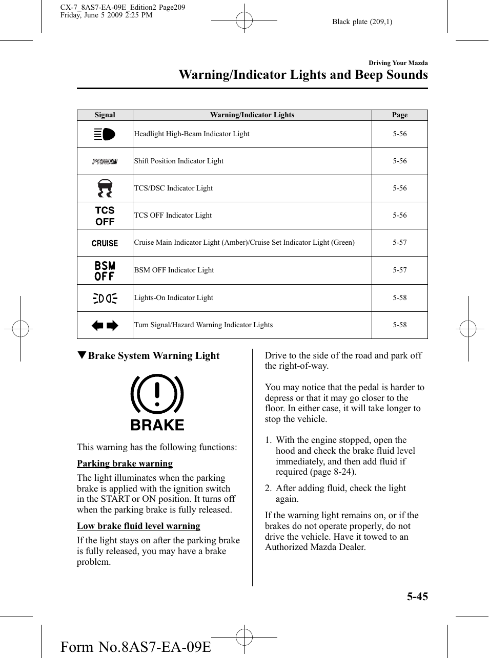 Form no.8as7-ea-09e, Warning/indicator lights and beep sounds | Mazda 2010 CX-7 User Manual | Page 209 / 510