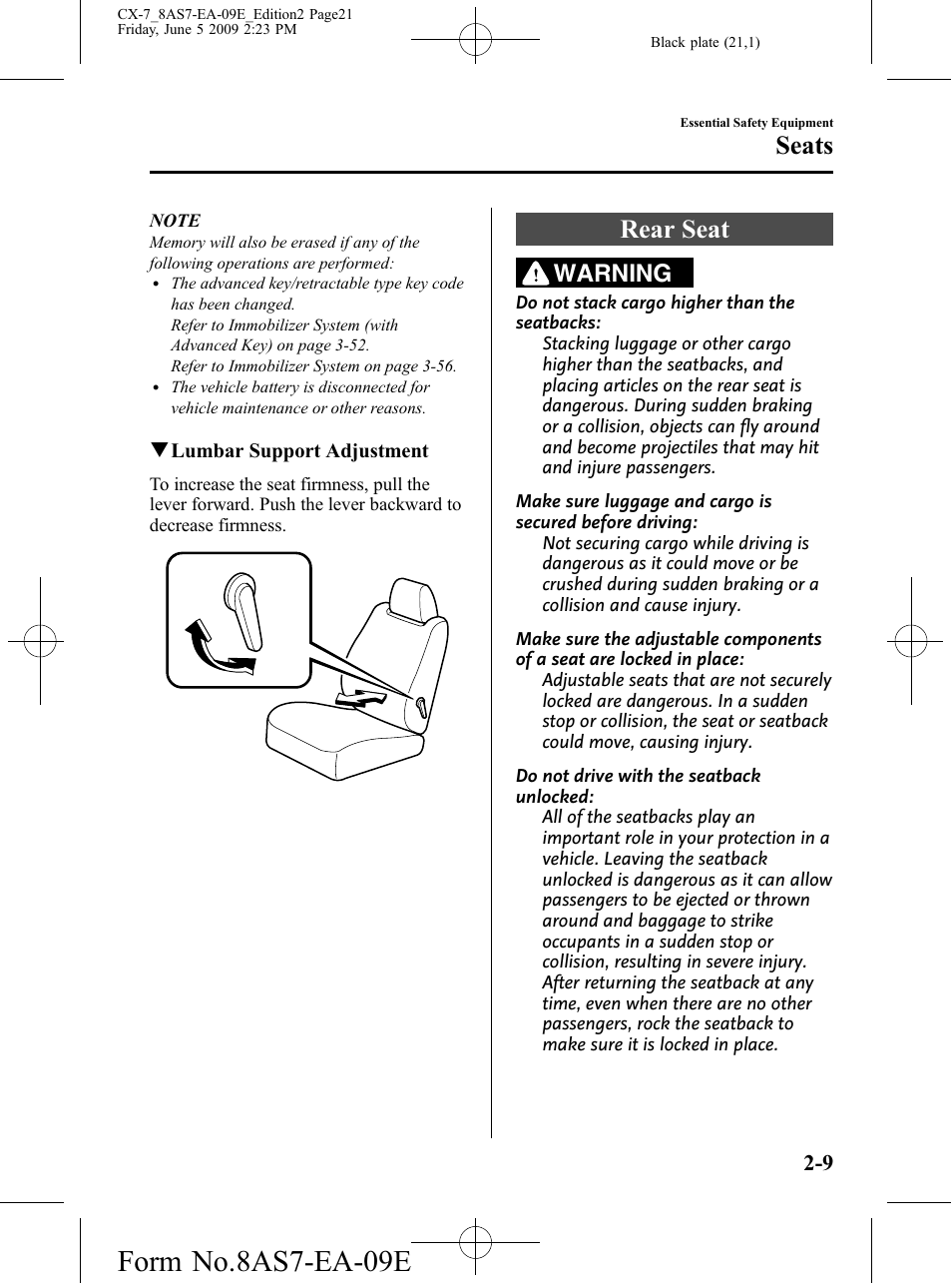 Rear seat, Rear seat -9, Form no.8as7-ea-09e | Seats, Warning | Mazda 2010 CX-7 User Manual | Page 21 / 510