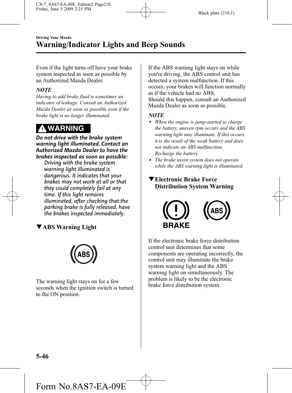 Form no.8as7-ea-09e, Warning/indicator lights and beep sounds, Warning | Mazda 2010 CX-7 User Manual | Page 210 / 510