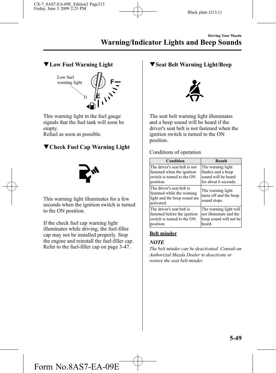 Form no.8as7-ea-09e, Warning/indicator lights and beep sounds | Mazda 2010 CX-7 User Manual | Page 213 / 510