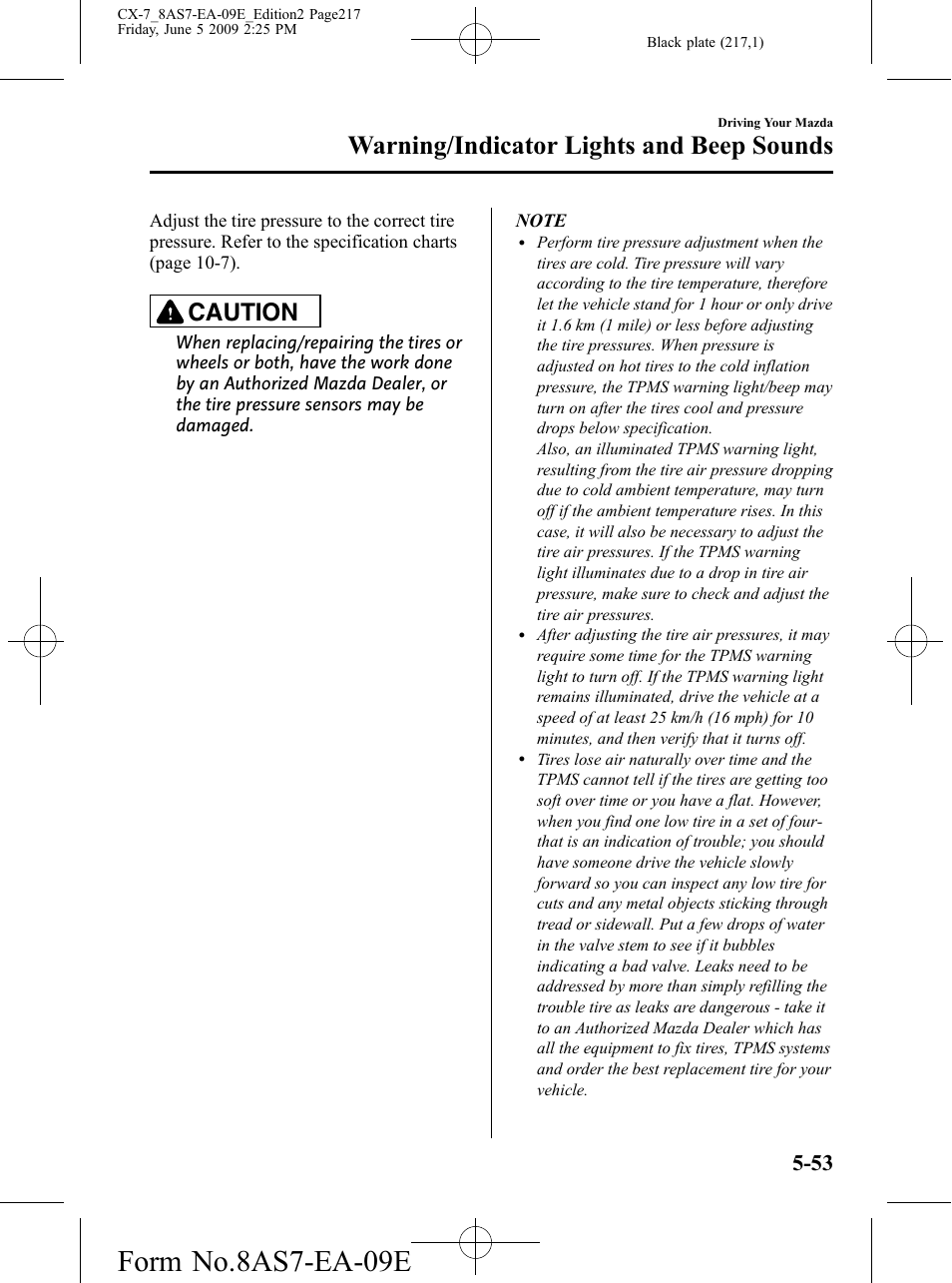 Form no.8as7-ea-09e, Warning/indicator lights and beep sounds, Caution | Mazda 2010 CX-7 User Manual | Page 217 / 510