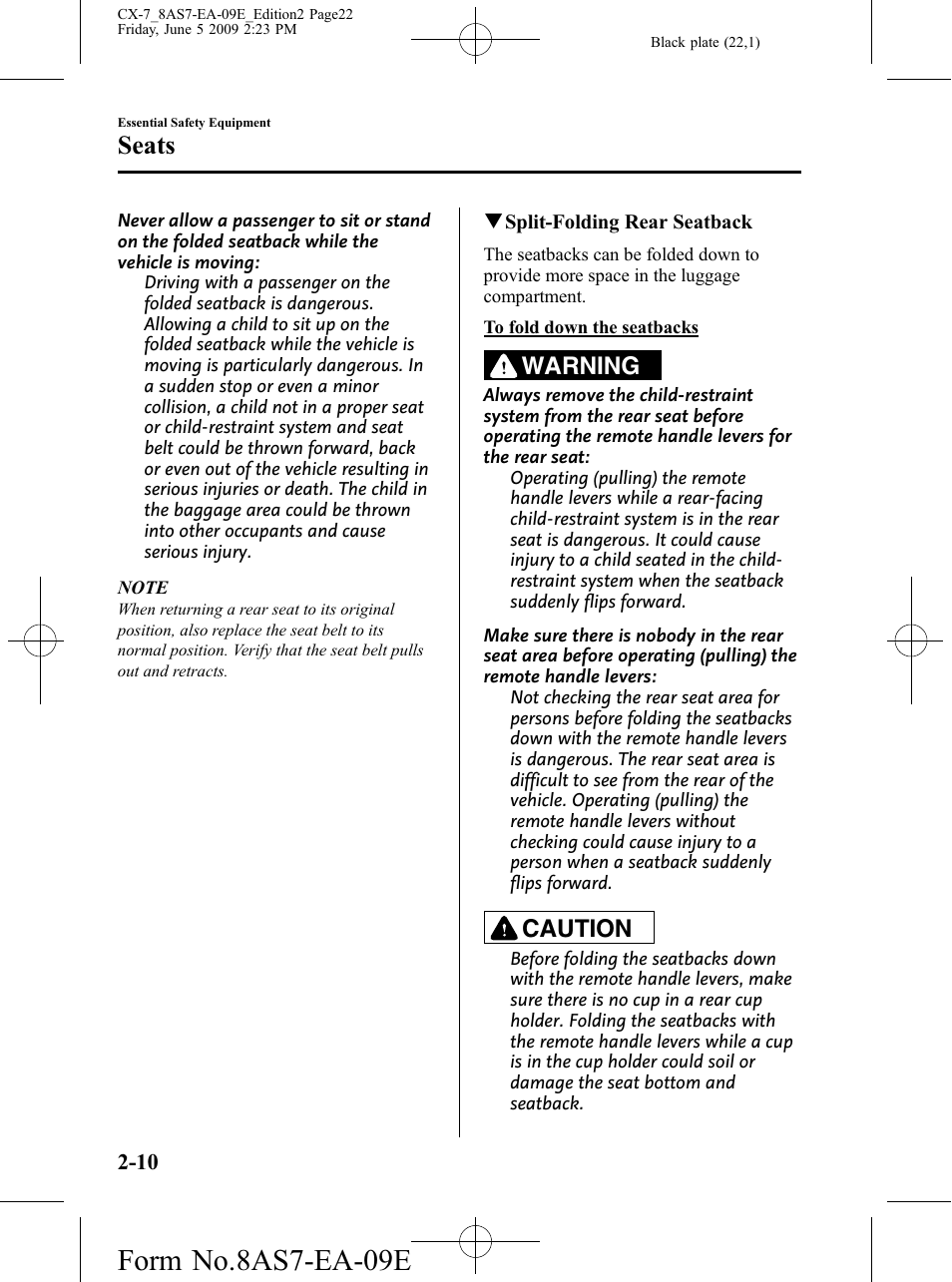 Form no.8as7-ea-09e, Seats, Warning | Caution | Mazda 2010 CX-7 User Manual | Page 22 / 510