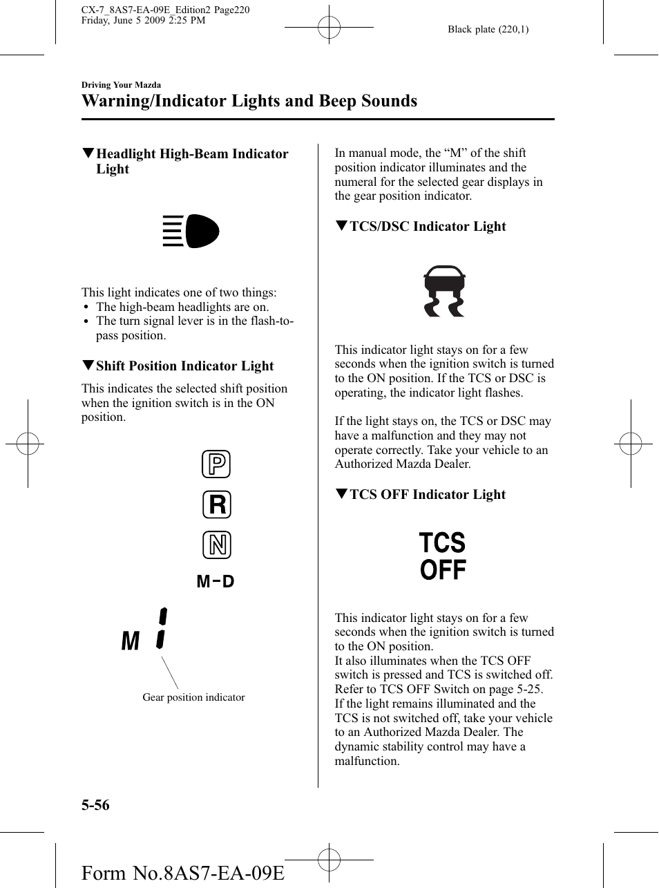 Form no.8as7-ea-09e, Warning/indicator lights and beep sounds | Mazda 2010 CX-7 User Manual | Page 220 / 510