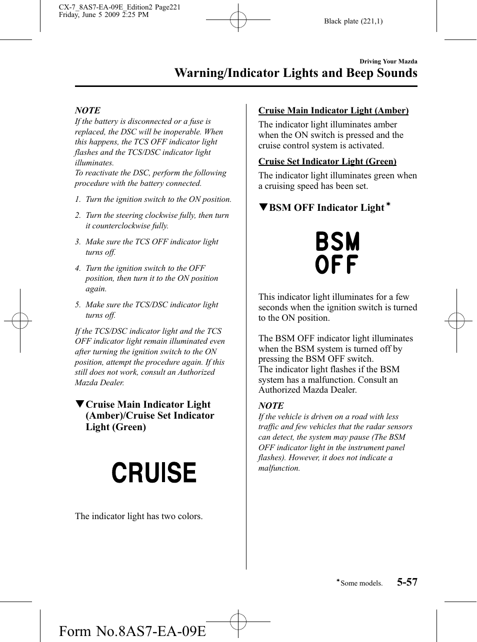 Form no.8as7-ea-09e, Warning/indicator lights and beep sounds | Mazda 2010 CX-7 User Manual | Page 221 / 510