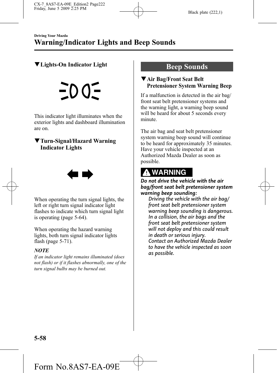 Beep sounds, Beep sounds -58, Form no.8as7-ea-09e | Warning/indicator lights and beep sounds, Warning | Mazda 2010 CX-7 User Manual | Page 222 / 510