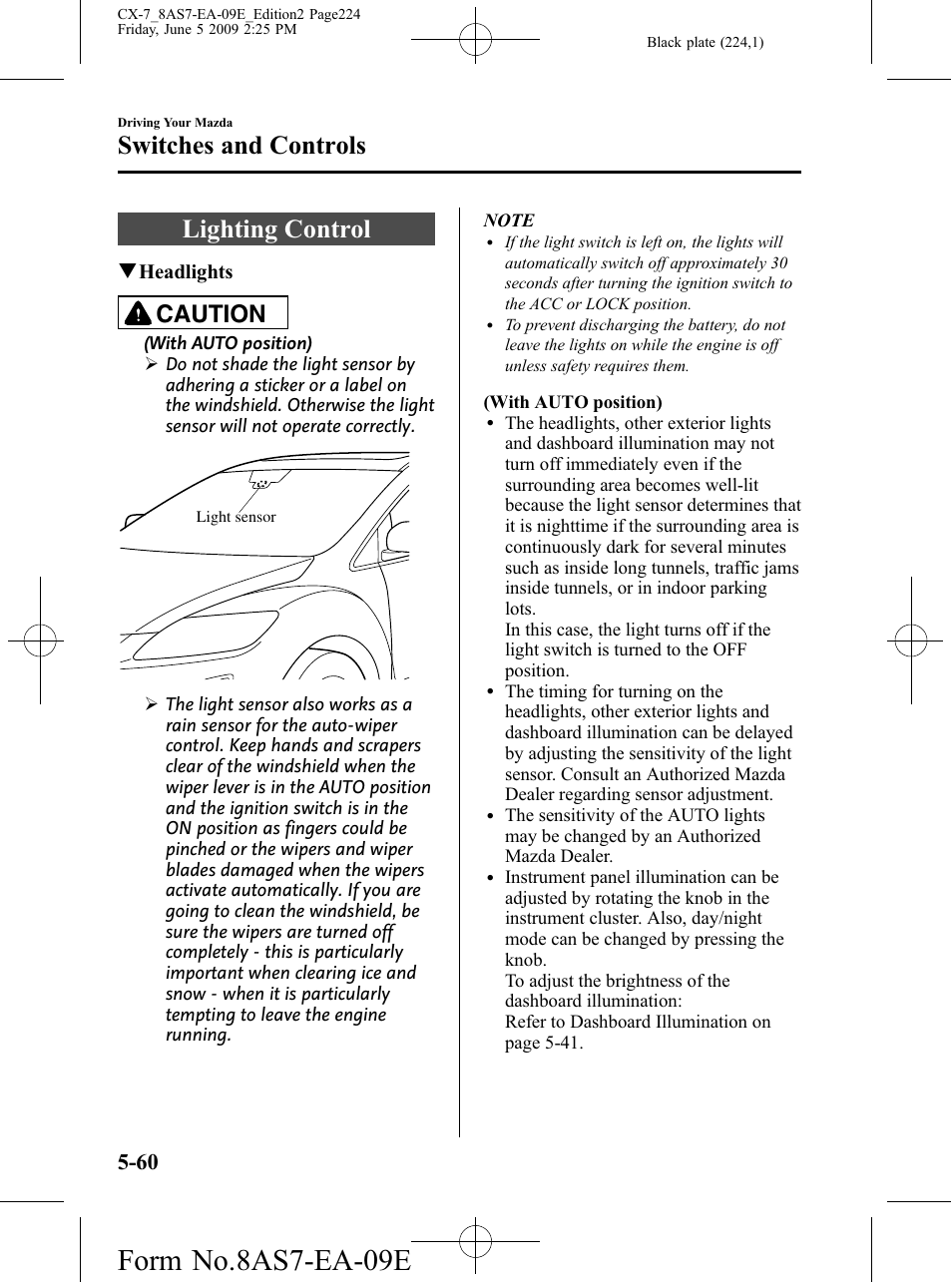 Switches and controls, Lighting control, Switches and controls -60 | Lighting control -60, Form no.8as7-ea-09e, Caution | Mazda 2010 CX-7 User Manual | Page 224 / 510