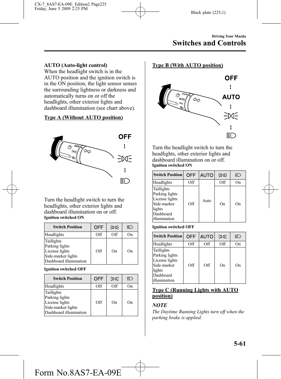 Form no.8as7-ea-09e, Switches and controls | Mazda 2010 CX-7 User Manual | Page 225 / 510