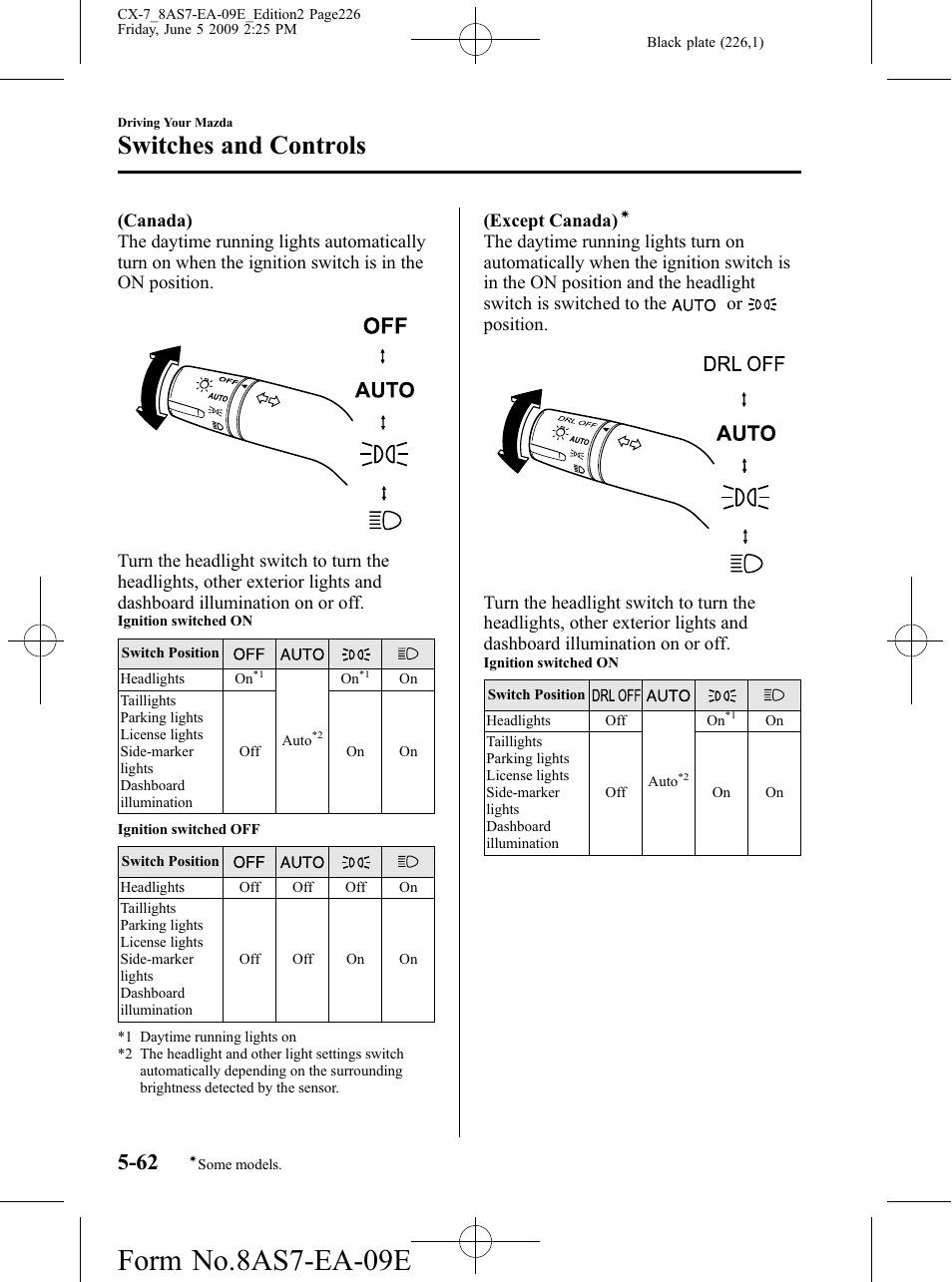 Form no.8as7-ea-09e, Switches and controls | Mazda 2010 CX-7 User Manual | Page 226 / 510
