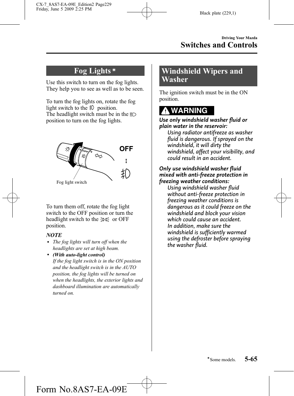 Fog lights, Windshield wipers and washer, Windshield wipers and washer -65 | Form no.8as7-ea-09e, Switches and controls, Warning | Mazda 2010 CX-7 User Manual | Page 229 / 510