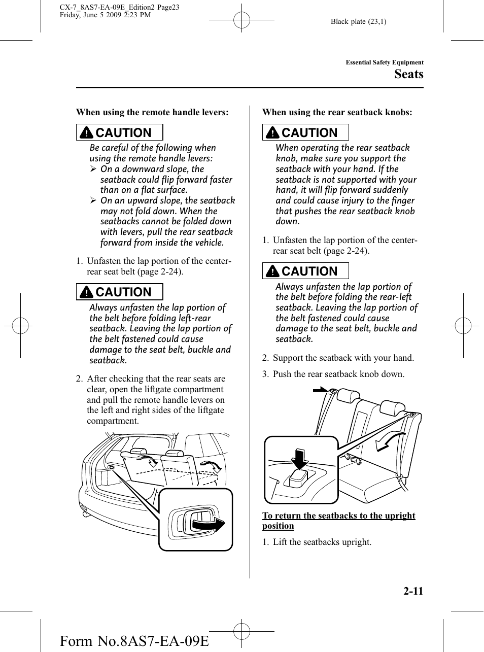 Form no.8as7-ea-09e, Seats, Caution | Mazda 2010 CX-7 User Manual | Page 23 / 510