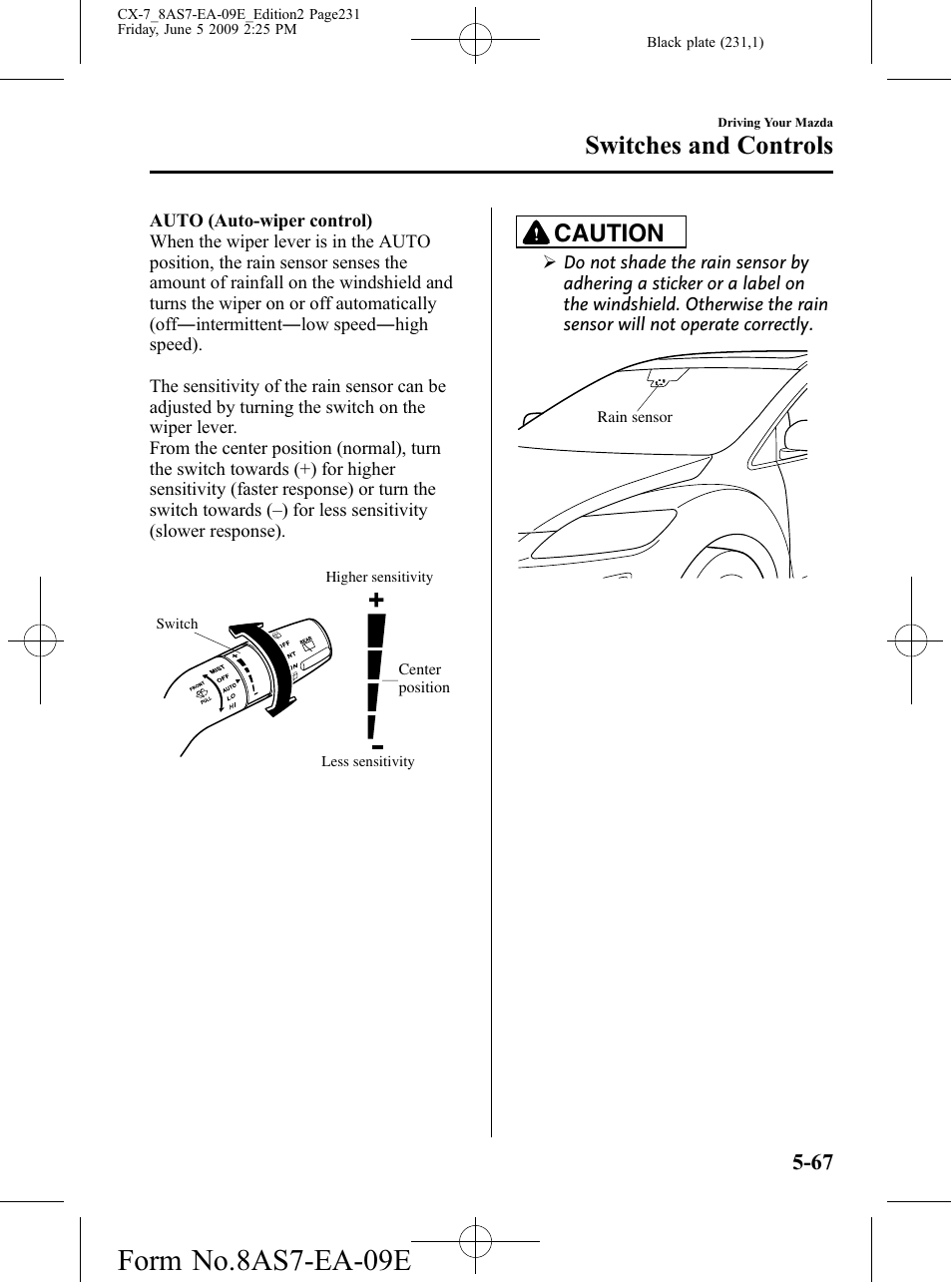 Form no.8as7-ea-09e, Switches and controls, Caution | Mazda 2010 CX-7 User Manual | Page 231 / 510