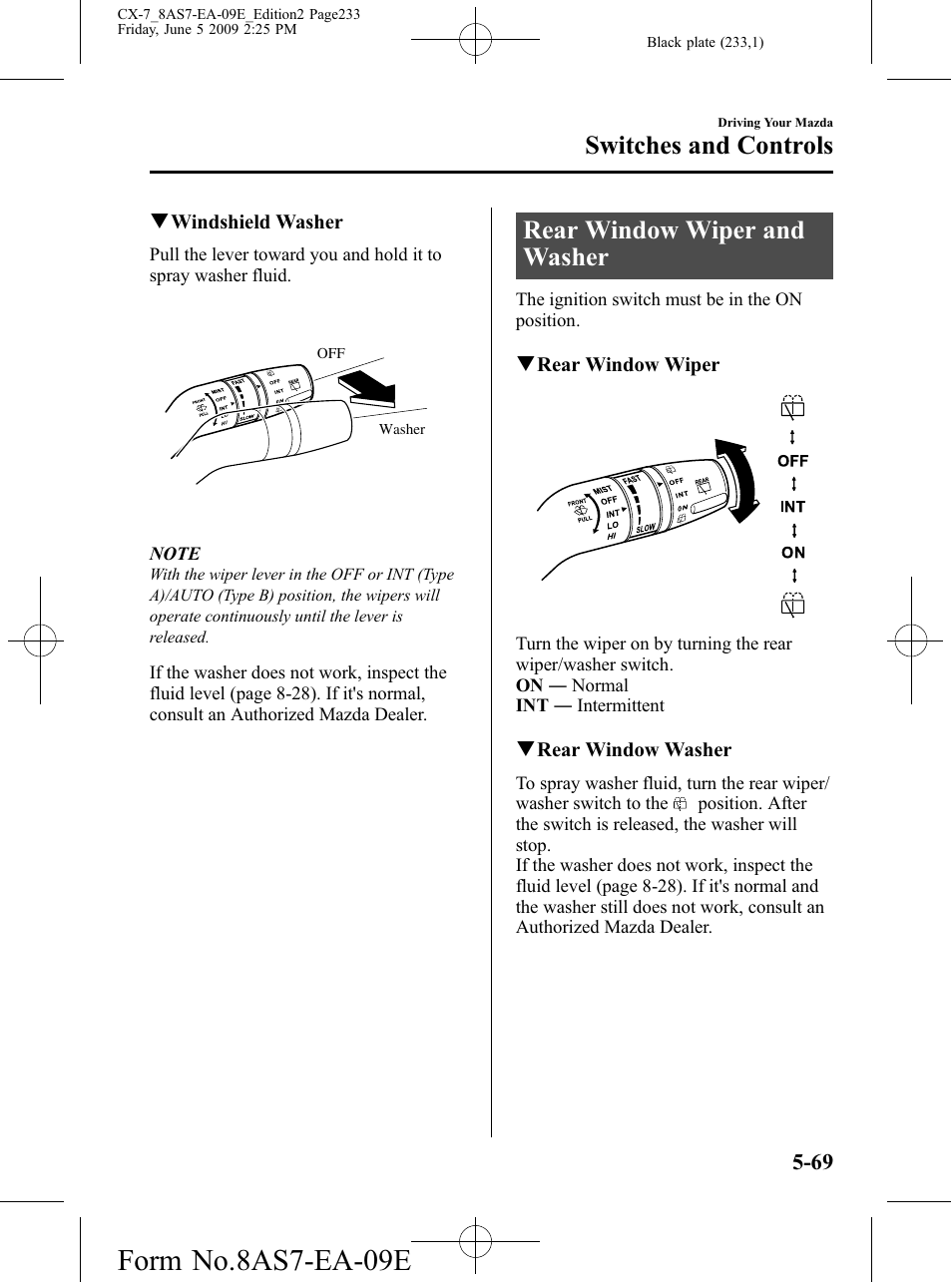 Rear window wiper and washer, Rear window wiper and washer -69, Form no.8as7-ea-09e | Switches and controls | Mazda 2010 CX-7 User Manual | Page 233 / 510