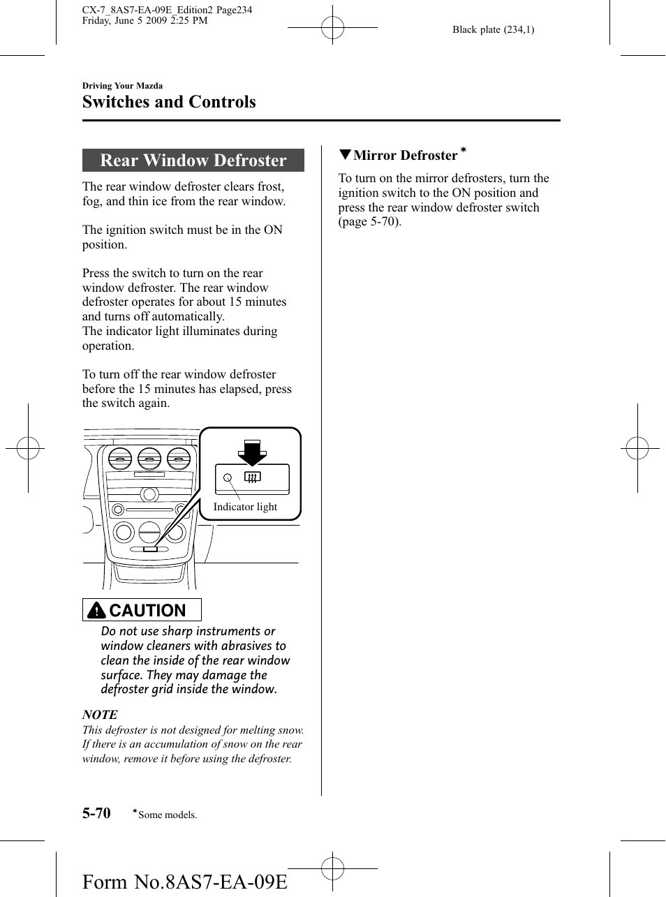 Rear window defroster, Rear window defroster -70, Form no.8as7-ea-09e | Switches and controls, Caution | Mazda 2010 CX-7 User Manual | Page 234 / 510