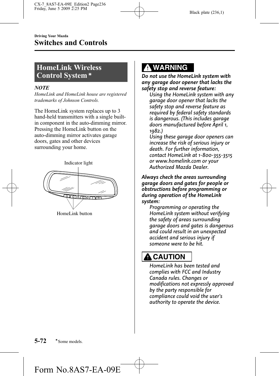 Homelink wireless control system, Form no.8as7-ea-09e, Switches and controls | Warning, Caution | Mazda 2010 CX-7 User Manual | Page 236 / 510