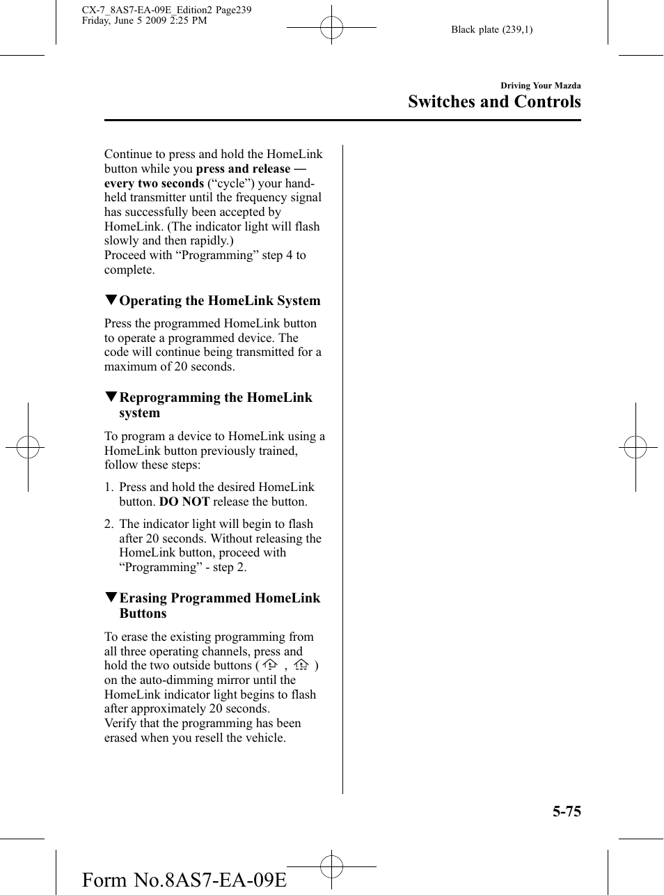 Form no.8as7-ea-09e, Switches and controls | Mazda 2010 CX-7 User Manual | Page 239 / 510
