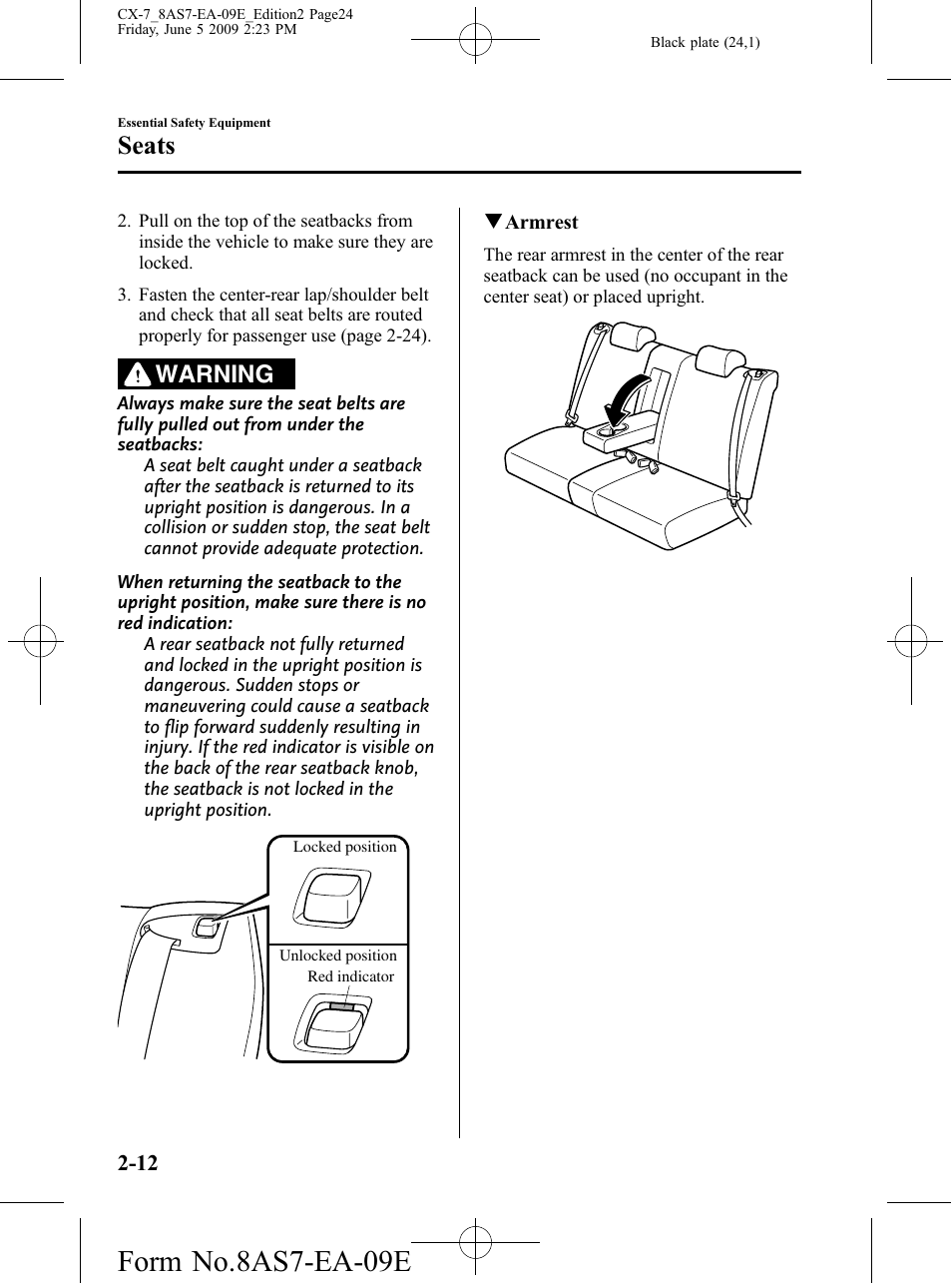 Form no.8as7-ea-09e, Seats, Warning | Mazda 2010 CX-7 User Manual | Page 24 / 510