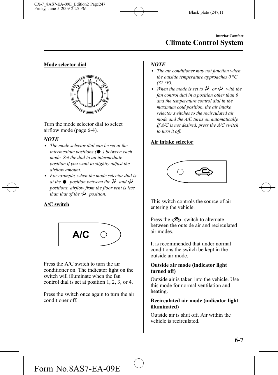 Form no.8as7-ea-09e, Climate control system | Mazda 2010 CX-7 User Manual | Page 247 / 510