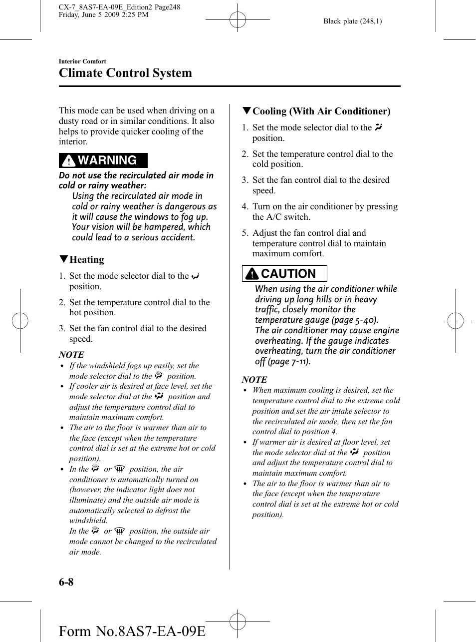 Form no.8as7-ea-09e, Climate control system, Warning | Caution | Mazda 2010 CX-7 User Manual | Page 248 / 510