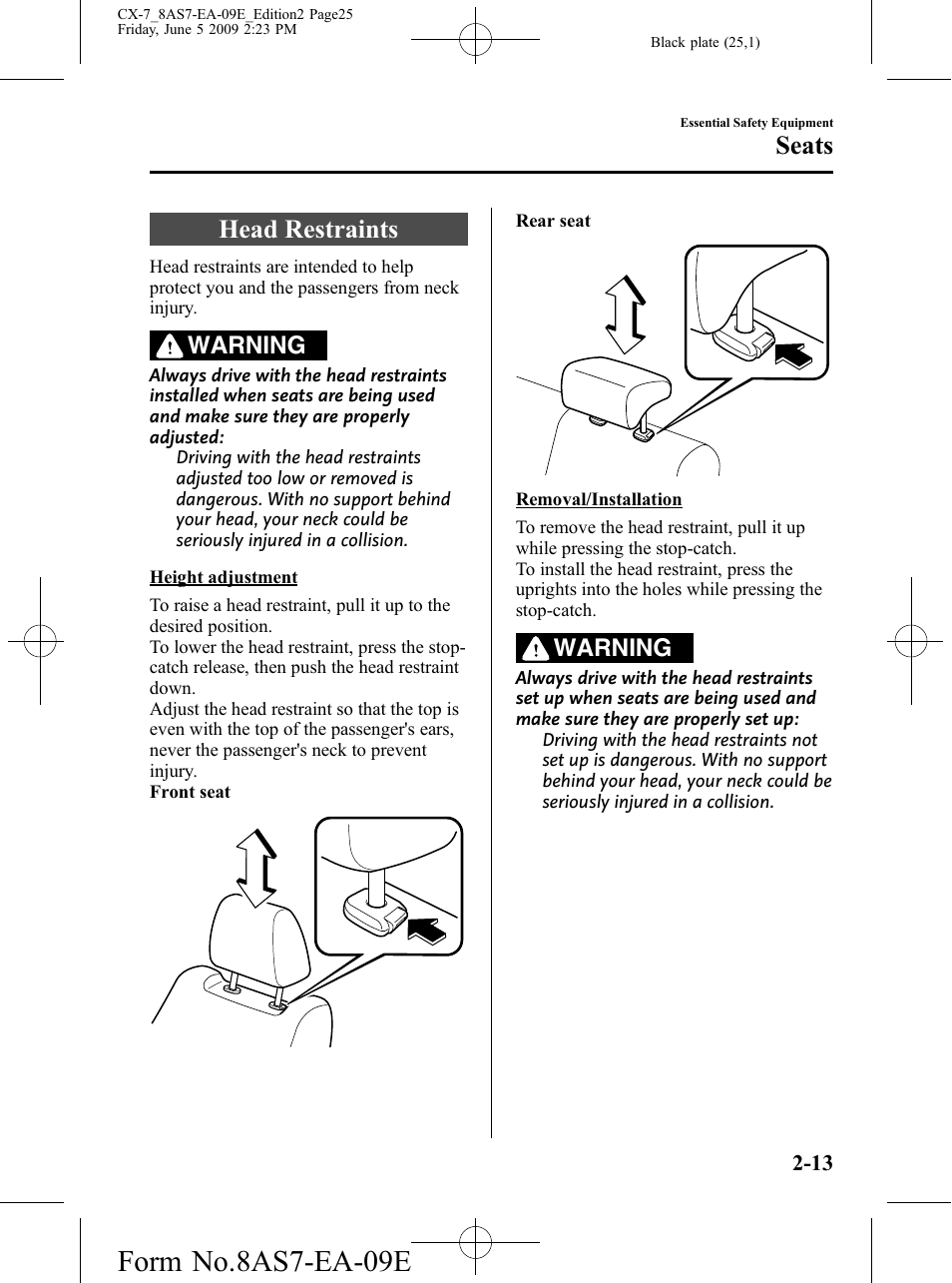 Head restraints, Head restraints -13, Form no.8as7-ea-09e | Seats, Warning | Mazda 2010 CX-7 User Manual | Page 25 / 510