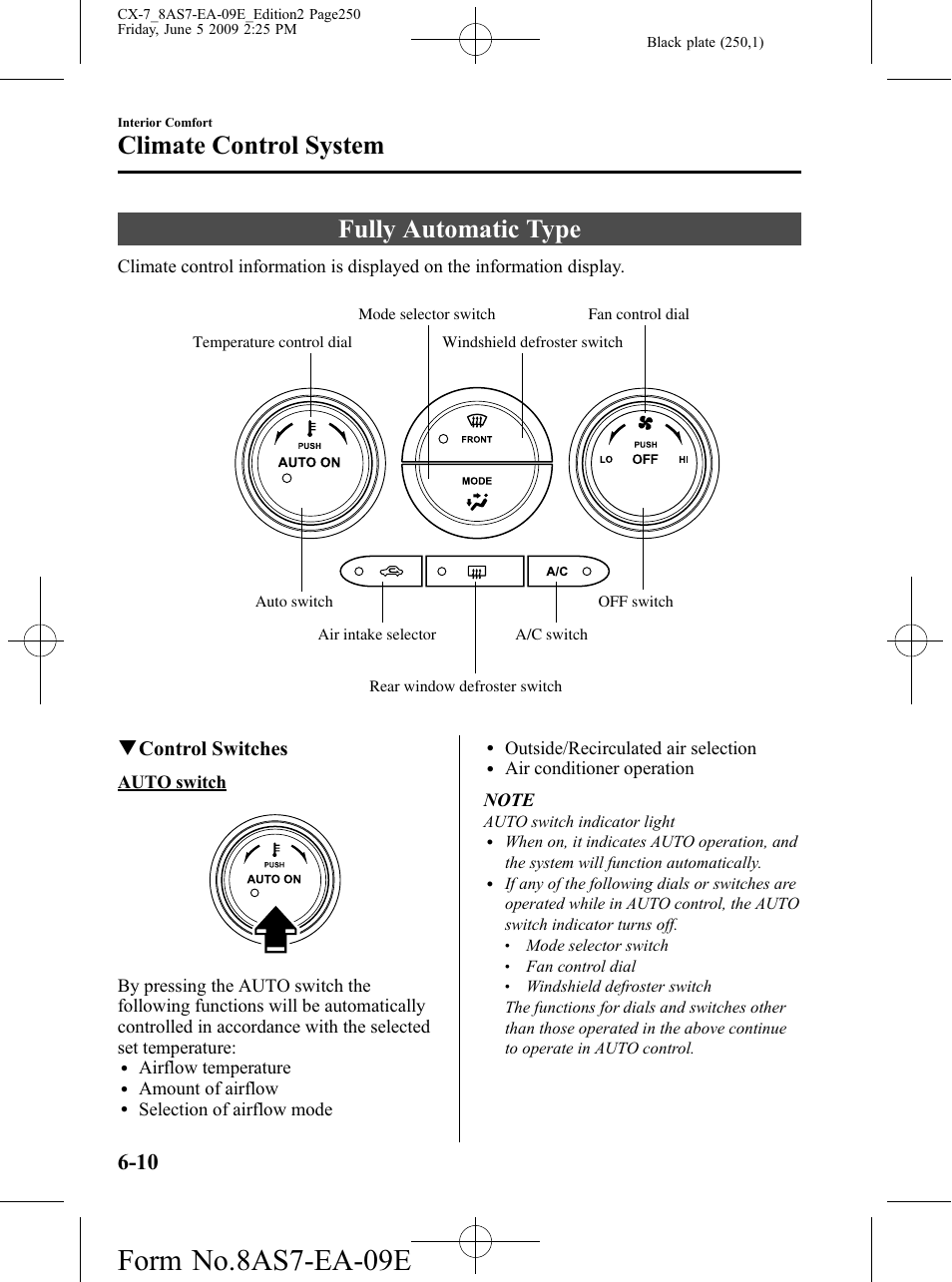 Fully automatic type, Fully automatic type -10, Form no.8as7-ea-09e | Climate control system, Qcontrol switches | Mazda 2010 CX-7 User Manual | Page 250 / 510