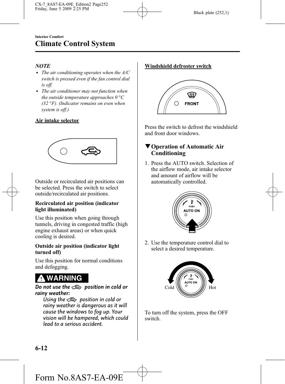 Form no.8as7-ea-09e, Climate control system, Warning | Mazda 2010 CX-7 User Manual | Page 252 / 510