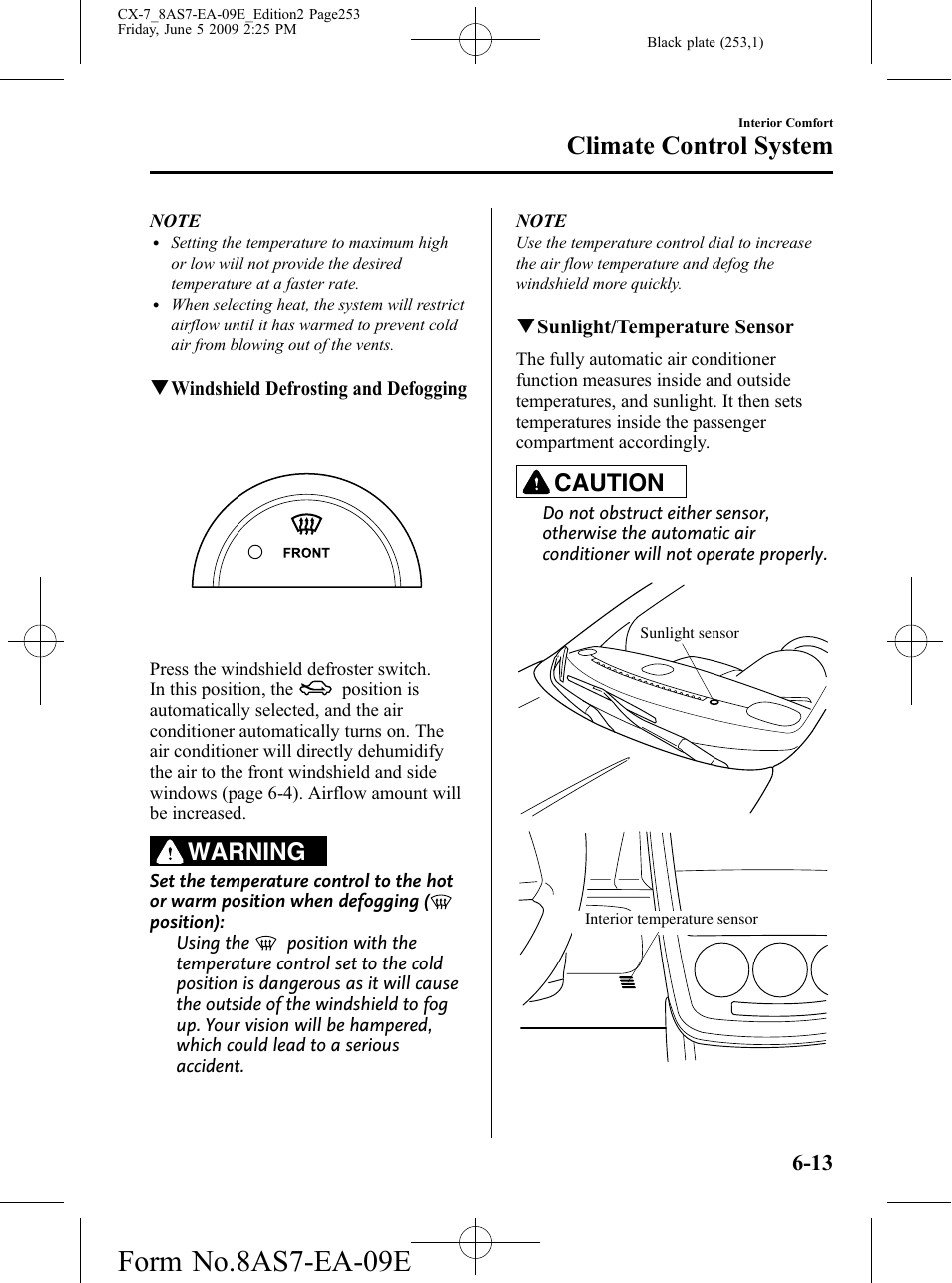 Form no.8as7-ea-09e, Climate control system, Warning | Caution | Mazda 2010 CX-7 User Manual | Page 253 / 510