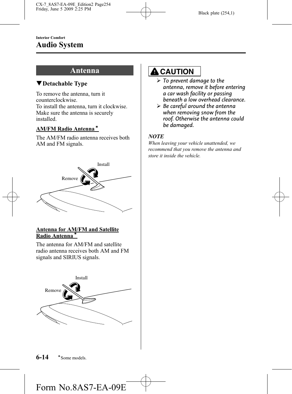 Audio system, Antenna, Audio system -14 | Antenna -14, Form no.8as7-ea-09e, Caution | Mazda 2010 CX-7 User Manual | Page 254 / 510