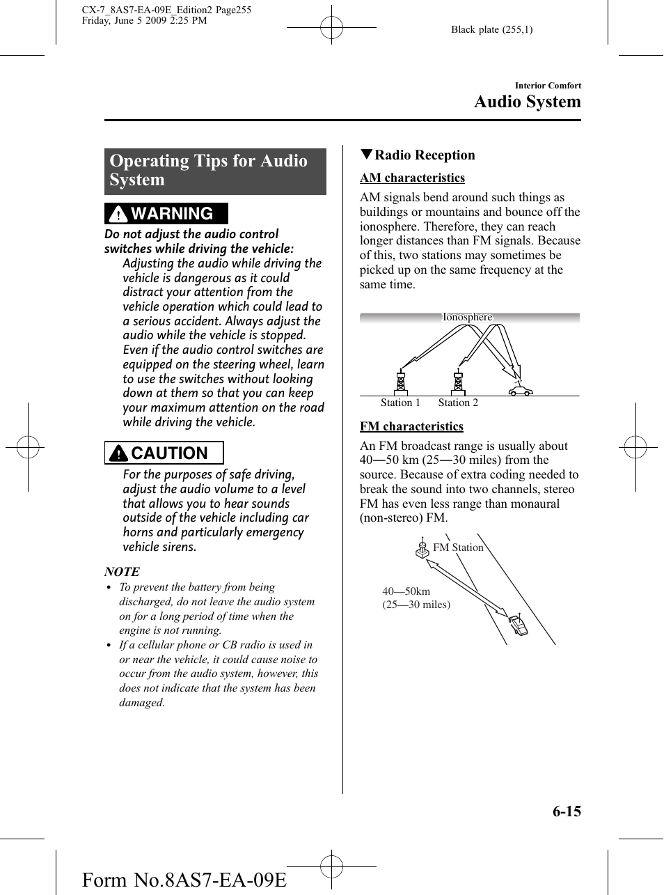 Operating tips for audio system, Operating tips for audio system -15, Form no.8as7-ea-09e | Audio system, Warning, Caution | Mazda 2010 CX-7 User Manual | Page 255 / 510