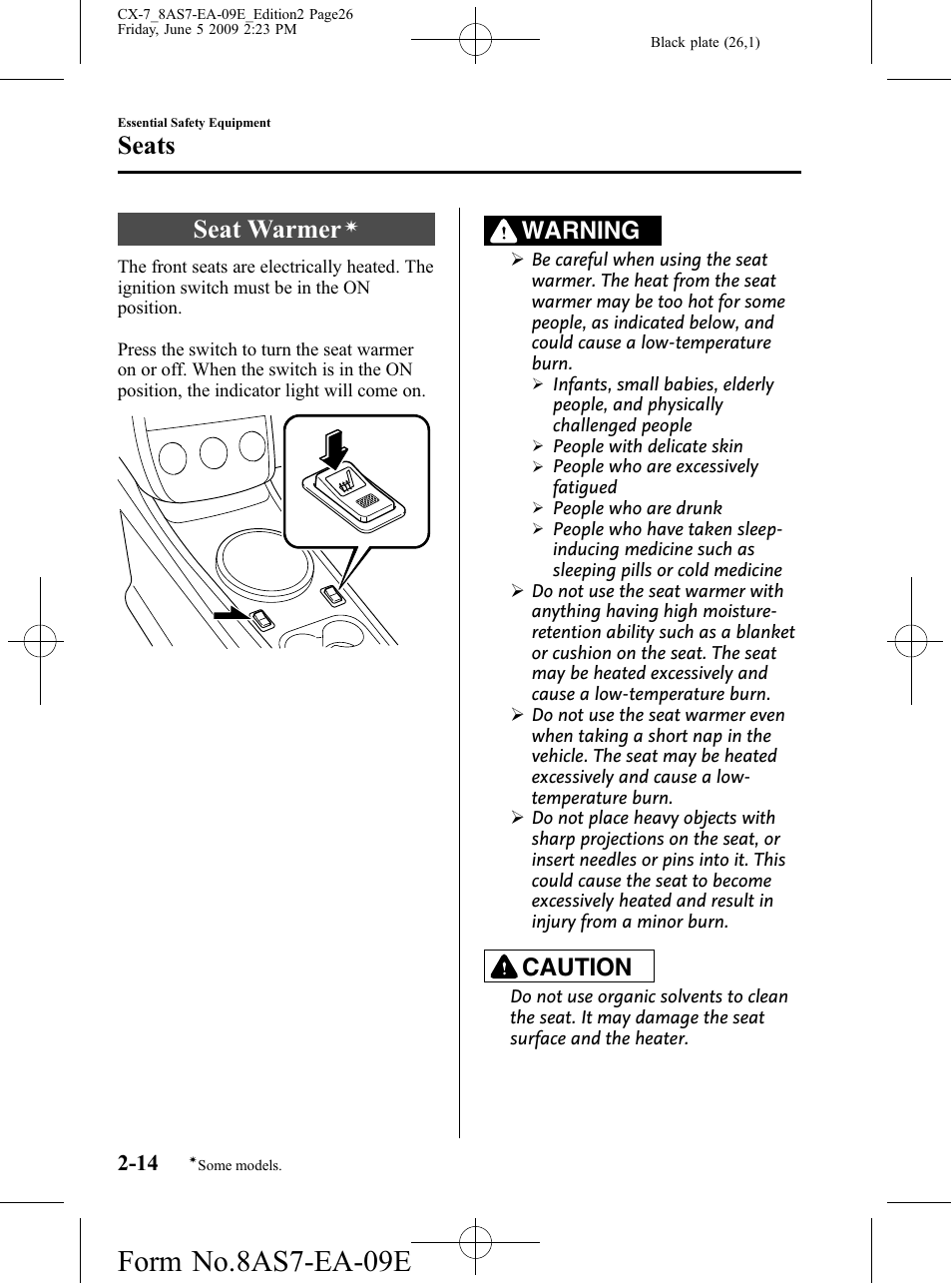 Seat warmer, Form no.8as7-ea-09e, Seats | Warning, Caution | Mazda 2010 CX-7 User Manual | Page 26 / 510