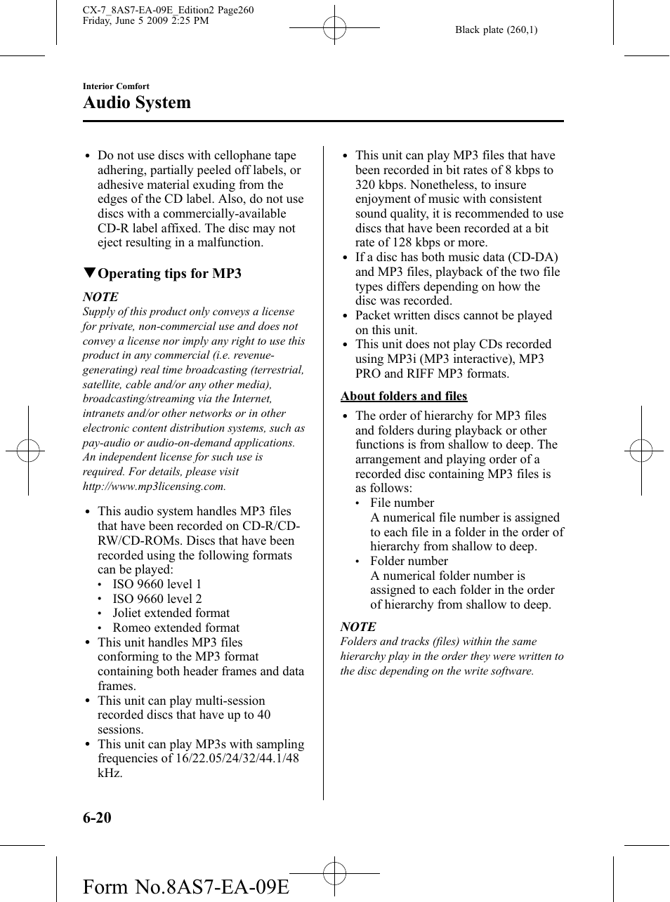 Form no.8as7-ea-09e, Audio system, Qoperating tips for mp3 | Mazda 2010 CX-7 User Manual | Page 260 / 510