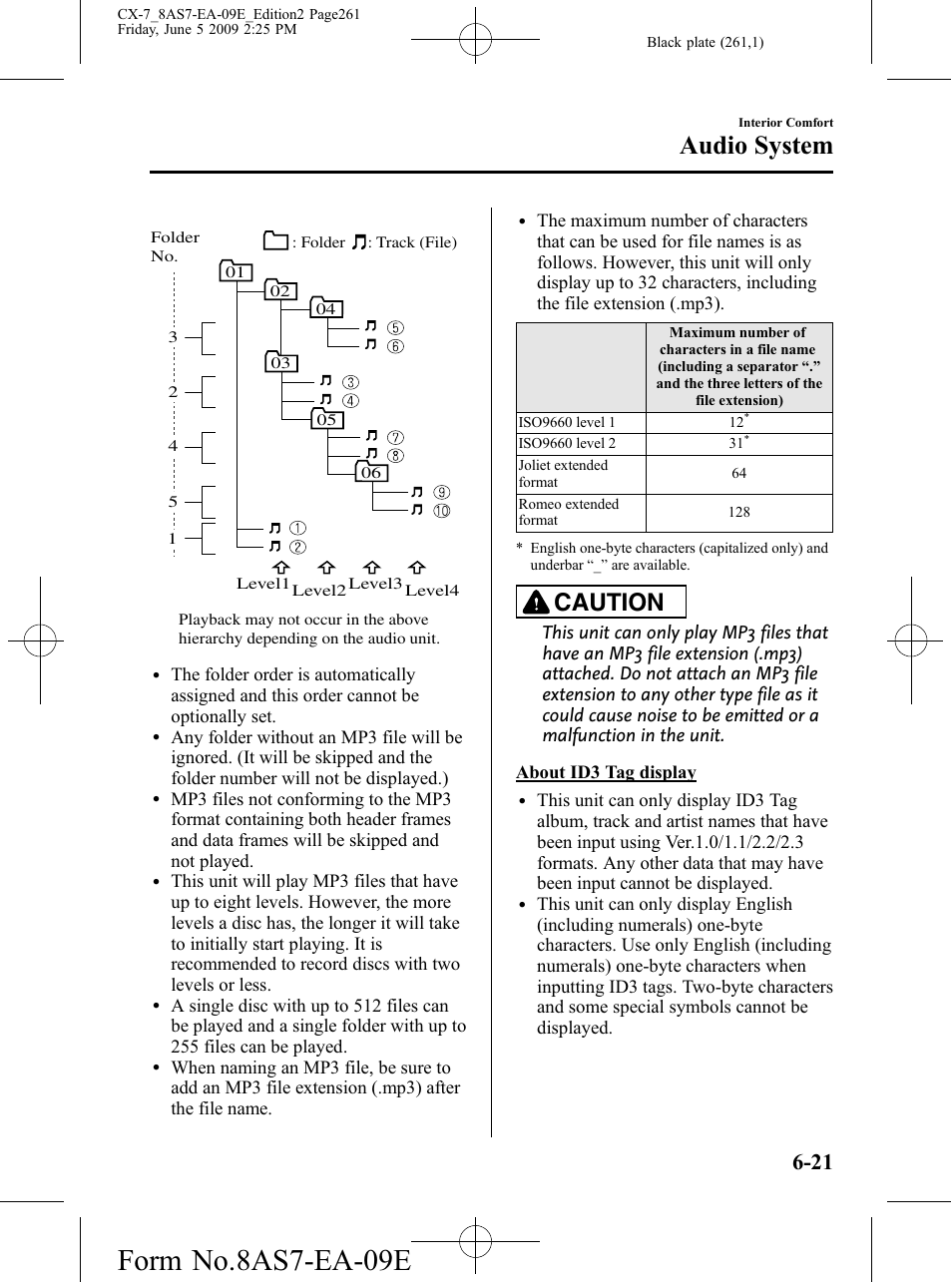 Form no.8as7-ea-09e, Audio system, Caution | Mazda 2010 CX-7 User Manual | Page 261 / 510