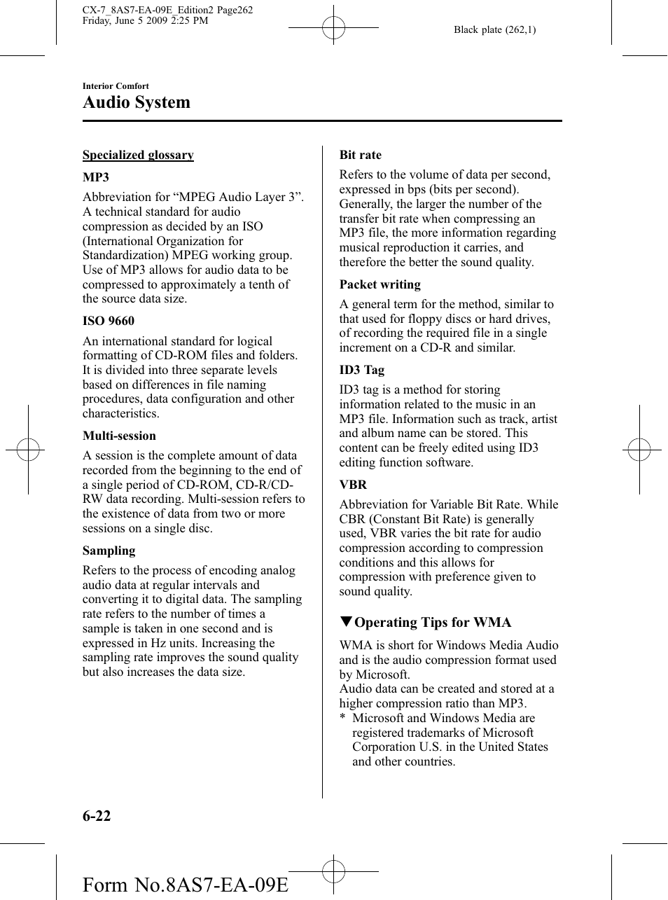 Form no.8as7-ea-09e, Audio system | Mazda 2010 CX-7 User Manual | Page 262 / 510