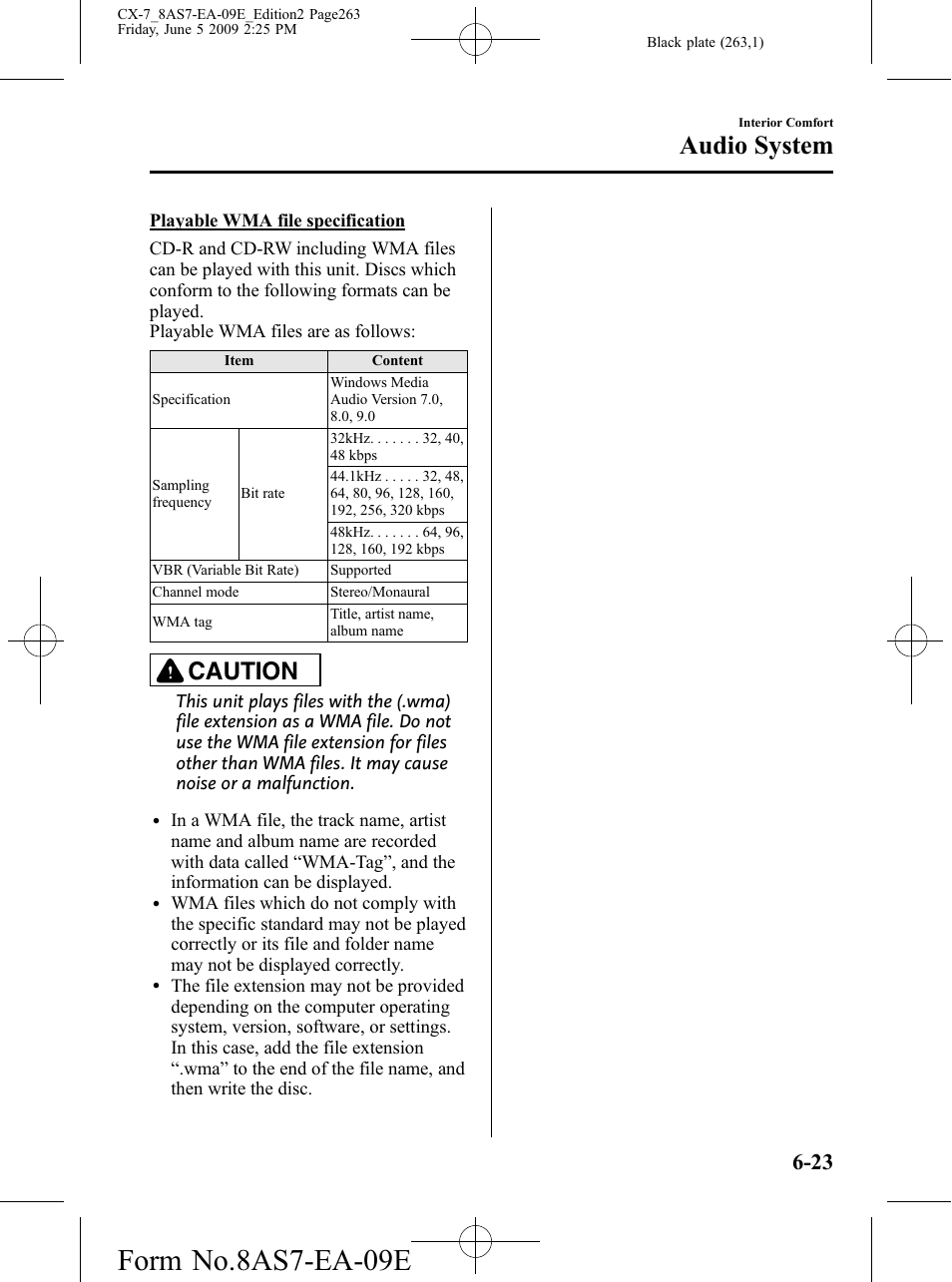 Form no.8as7-ea-09e, Audio system, Caution | Mazda 2010 CX-7 User Manual | Page 263 / 510